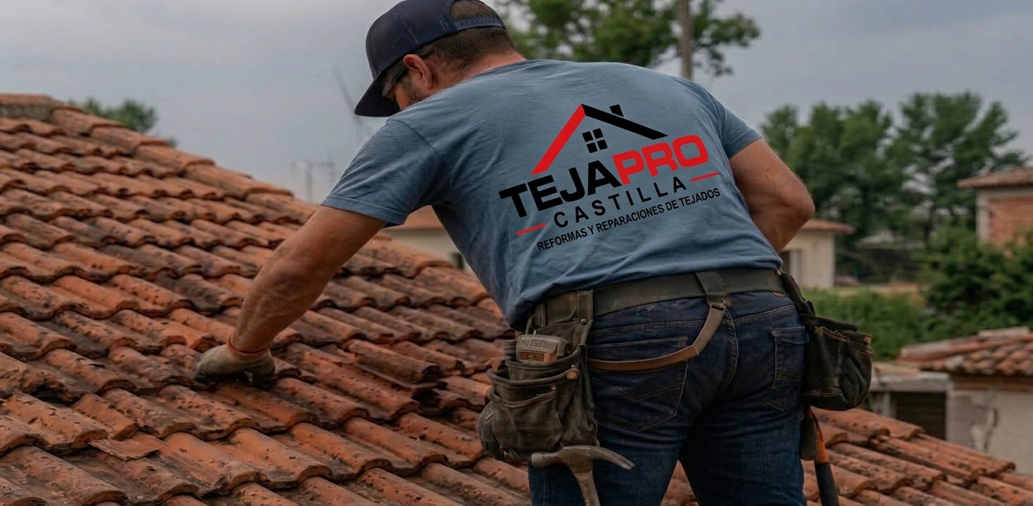 Trabajador de Tejapro Castilla reparando un tejado de teja cerámica