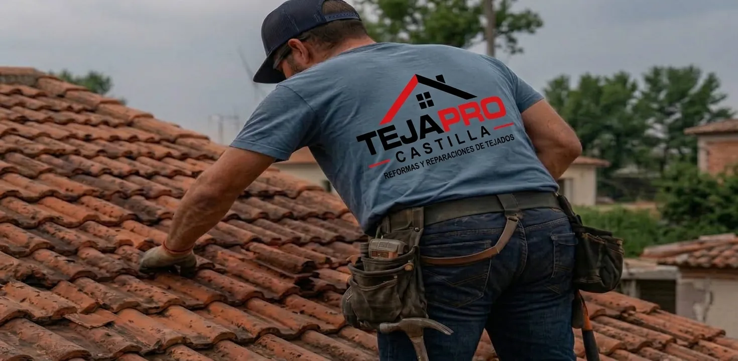 Operario de Tejapro Castilla trabajando sobre un tejado de teja